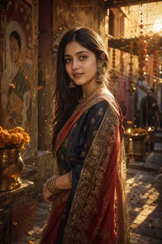 Example result of the vibrant Indian character portraits prompt: faded frescoes and marigold garlands plus ornate zari saree or embroidered bandhgala