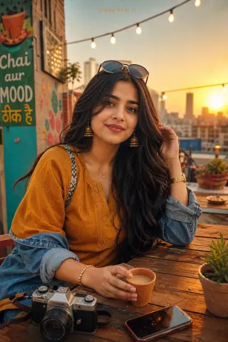 Example result of the vibrant Indian content creator urban aesthetic prompt: painted walls plus string fairy lights and bokeh-lit skyline