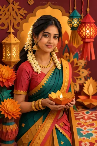 Thumbnail: Vibrant Indian digital papercraft fashion AI edit: vermilion and teal hues plus warm golden backlight