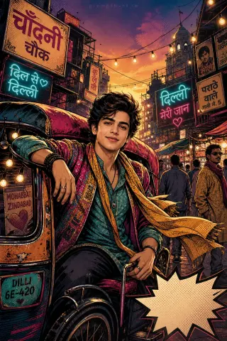 Example result of the vibrant Indian street comic art prompt: neon dusk plus rickshaw and string lights in the foreground