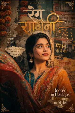 Vibrant Indian typography art portrait AI edit: textured backdrop of hand-painted paper plus marigold garlands and faded city poster walls
