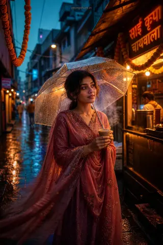 Vibrant monsoon streetscape fashion AI edit: narrow Mumbai lane during monsoon twilight and rain droplets