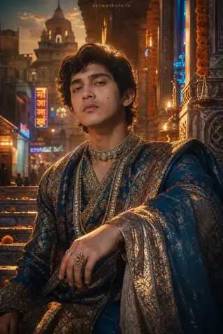 AI-edited photo of a person in a vibrant mythic Indian character design scene with warm golden-hour rim light and intricate zari embroidery