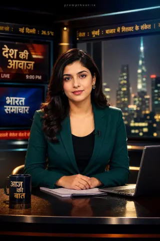 AI-edited photo of a person in a vintage newsroom broadcast aesthetic scene with glossy dark wood and brushed metal edges plus background layered