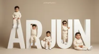 Viral baby name block portrait studio AI edit: a family with white sneakers throughout all poses and color palette is entirely cream