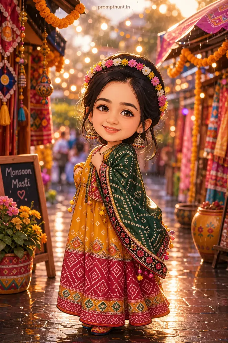 Example result of the cute chibi kawaii portraits prompt: marigold garlands and string lights