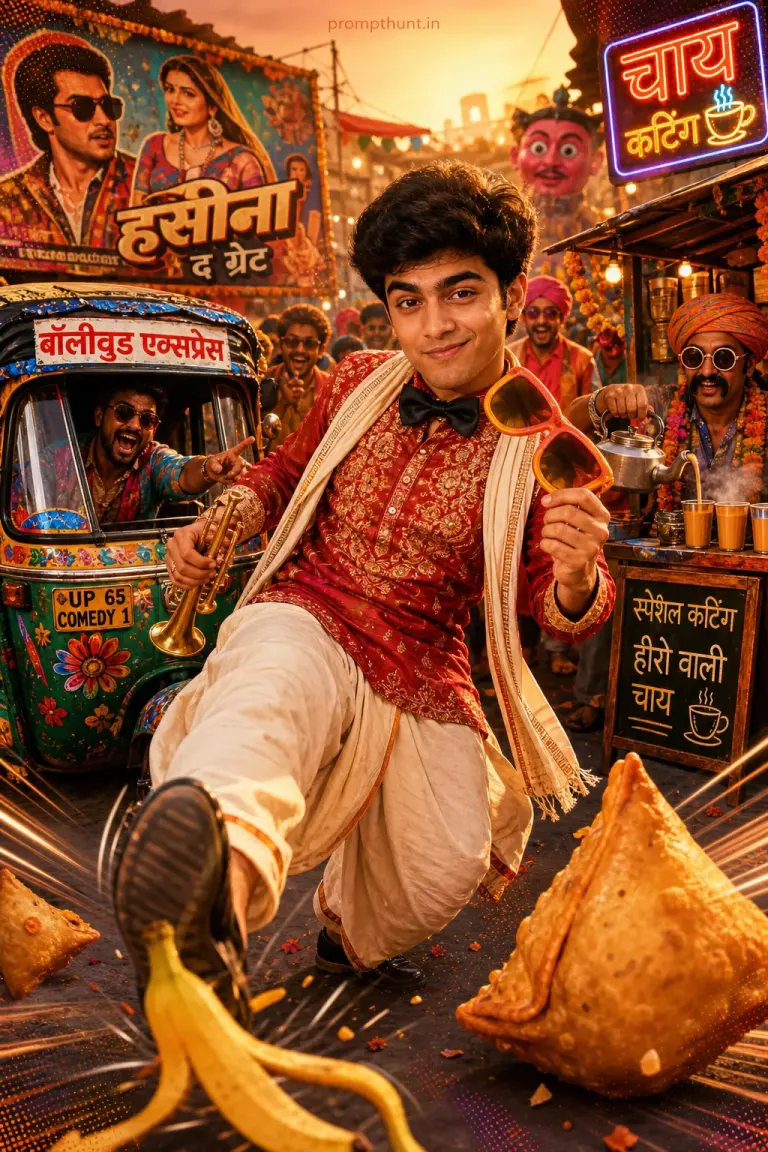 AI-edited photo of a person in a desi street comedy carnival scene with crowded lane and chai stall