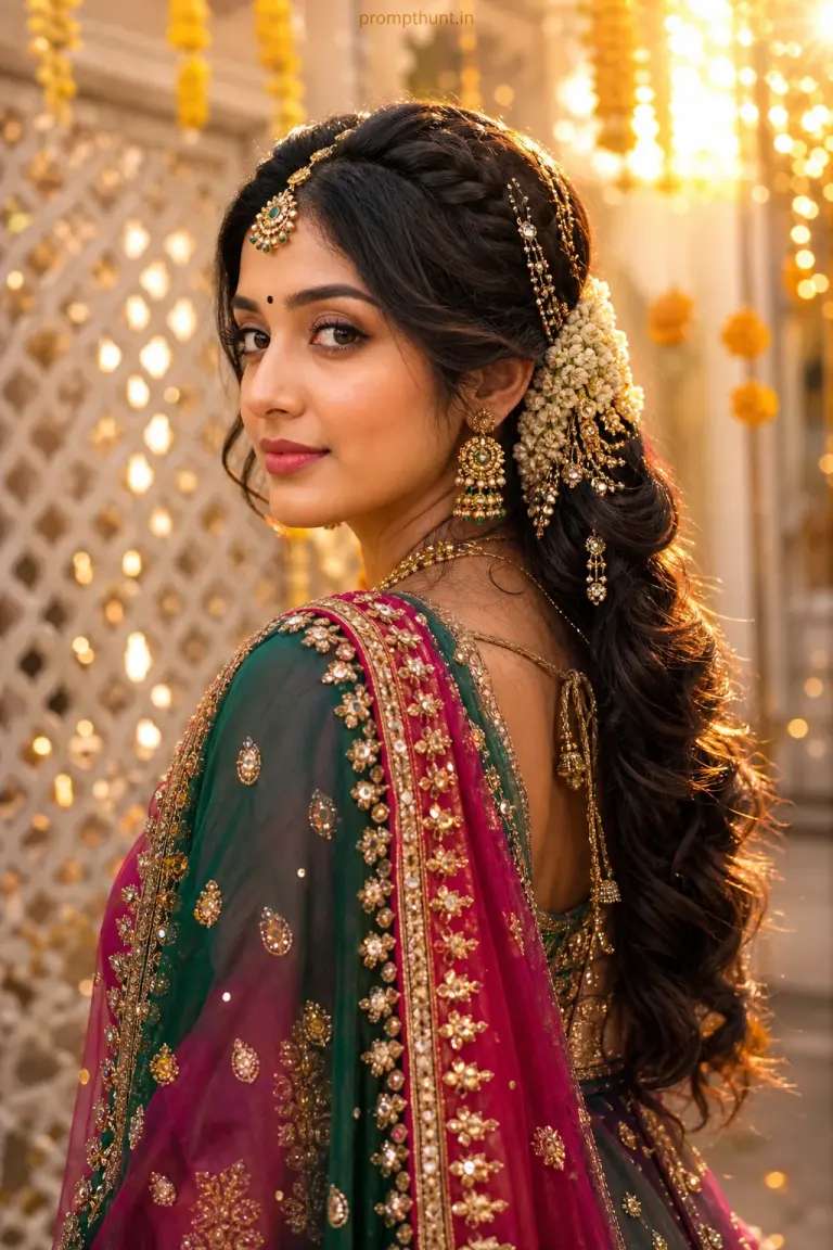 Indian bridal hairstyles editorial AI edit: carved marble jaali screens and fresh jasmine gajra