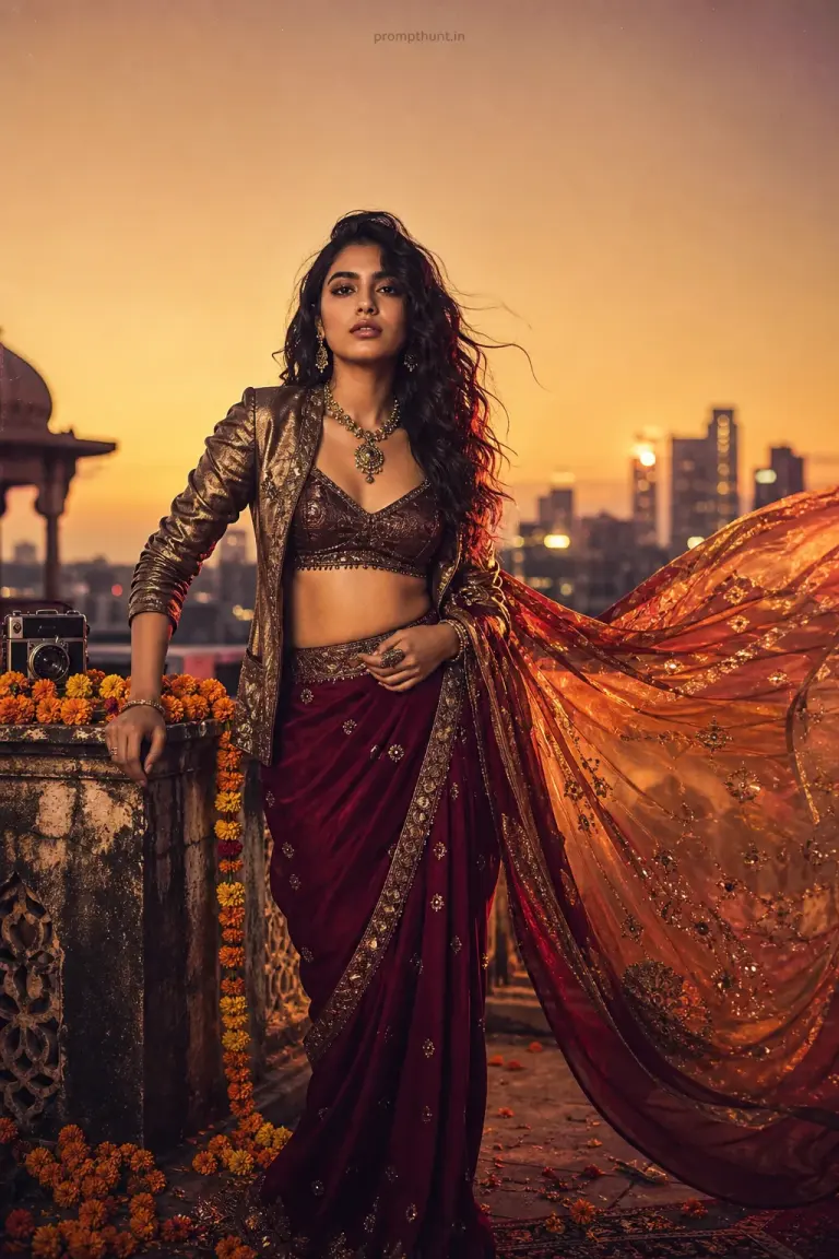 AI-edited photo of a person in a Indian fashion magazine cover art scene with modern metallic jacket and intricate embroidery