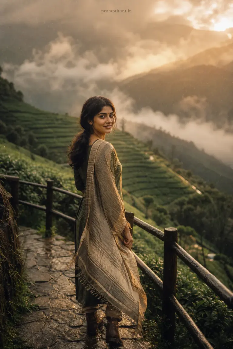 Example result of the Indian monsoon mountain valley landscape AI photo prompt