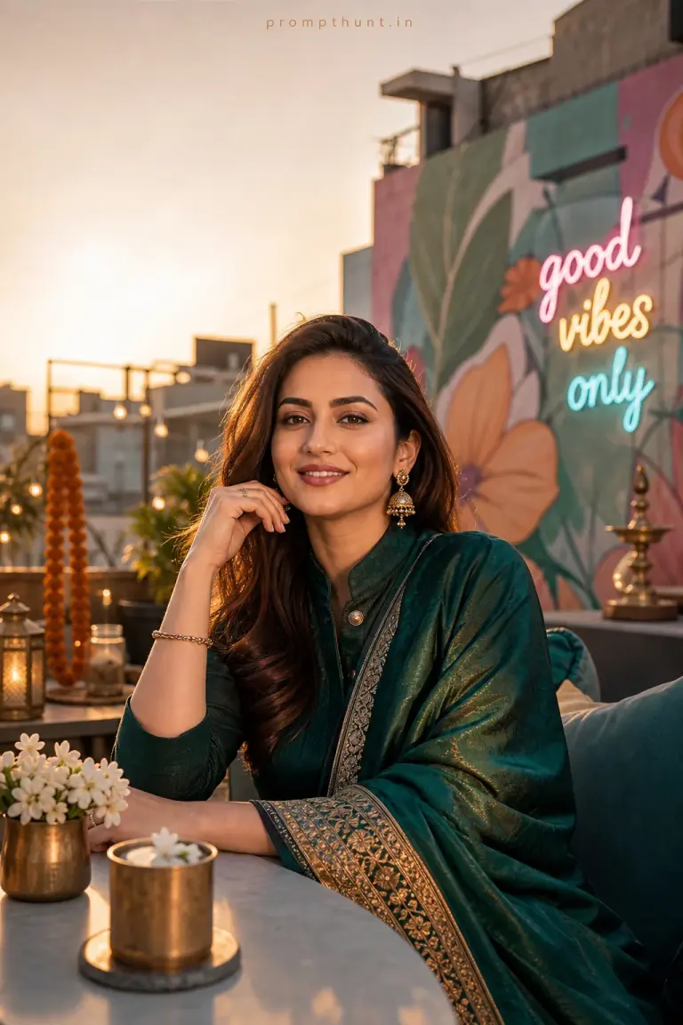 Example result of the Indian urban luxe branding prompt: potted banyan and jasmine accents plus rich silk-drape fabrics