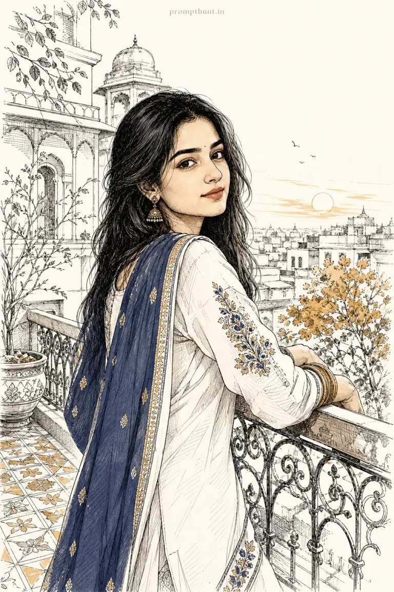 Minimalist Indian line art portrait AI edit: serene urban-heritage terrace at golden hour and embroidered kurta sleeve