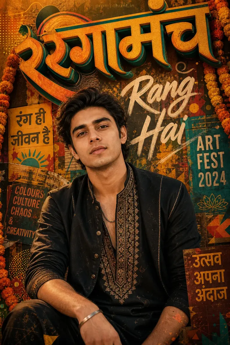 AI-edited photo of a person in a modern Indian typography art poster scene with vibrant urban-festival backdrop and layered paper textures