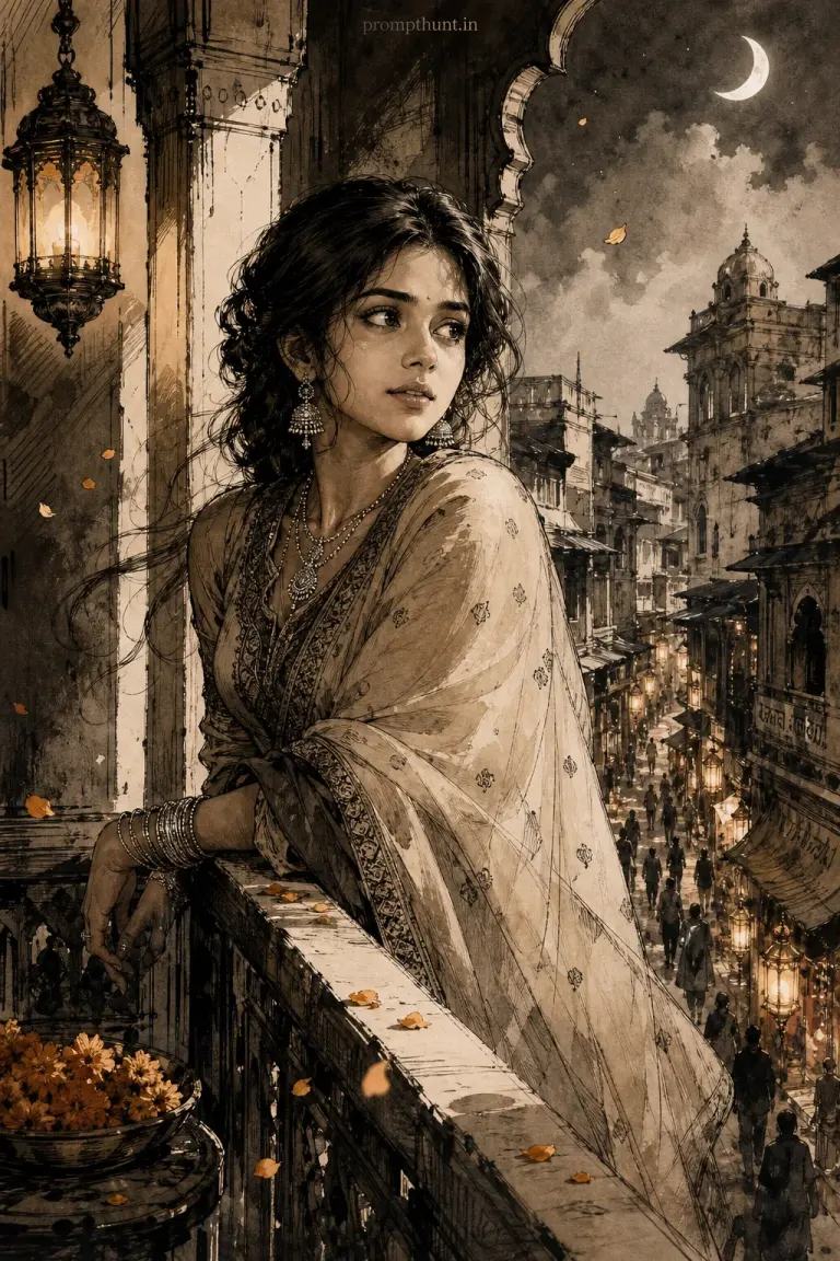 Monochrome Indian street ink illustration AI edit: evening light and maintain high-contrast ink textures