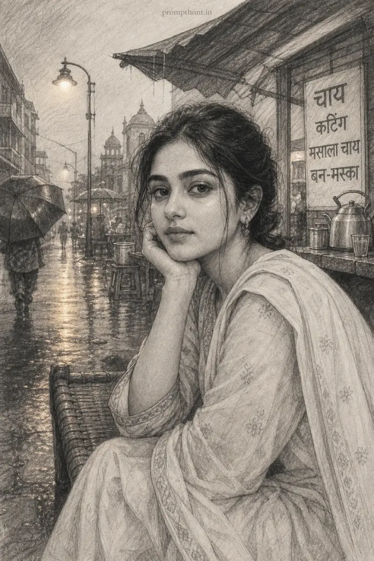 Example result of the monsoon street cafe portrait pencil sketch AI photo prompt
