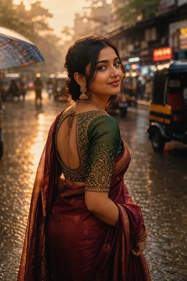AI-edited photo of a person in a Mumbai monsoon street style photorealism scene with embroidered dupatta or kurta fabric plus metallic bangles and wet