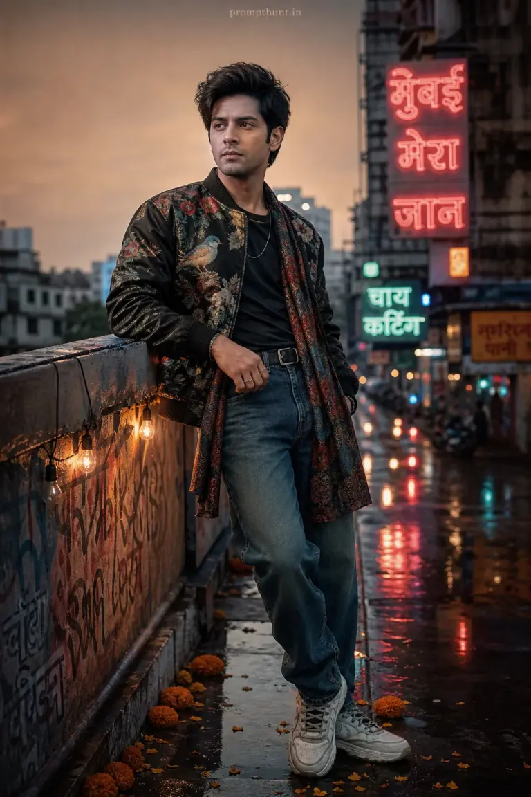 AI-edited photo of a person in a urban chic streetwear neon glow scene with textured urban backdrop and rain-slick Mumbai lane or Delhi rooftop