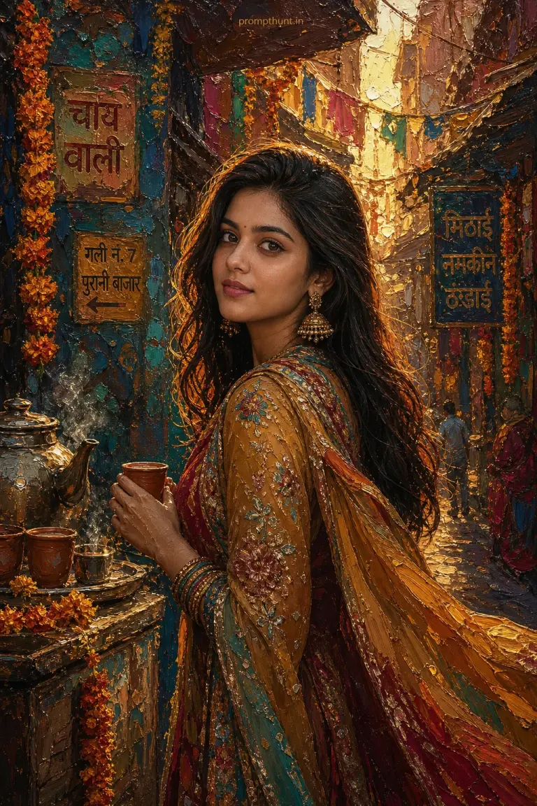 AI-edited photo of a person in a vibrant impasto Indian street portrait scene with thick impasto paint texture and instagram-ready portrait backdrop