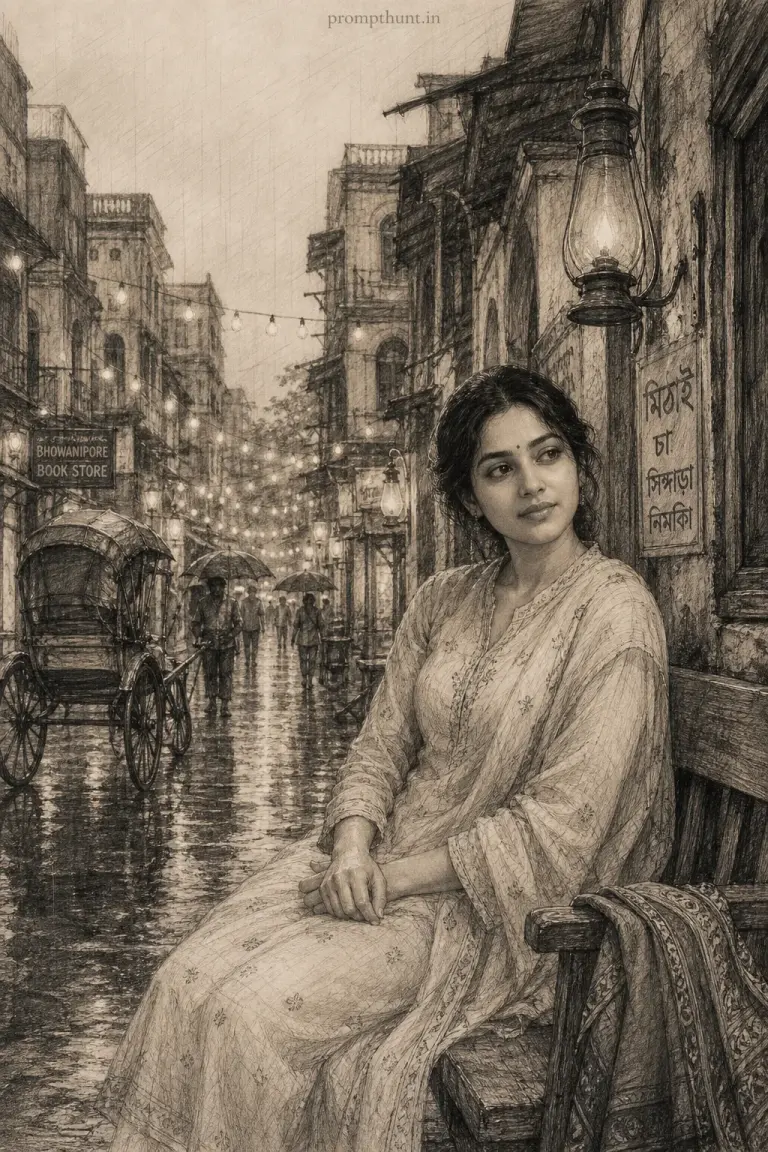 Example result of the vintage monsoon street sketch pencil drawing prompt: visible fabric folds and embroidery