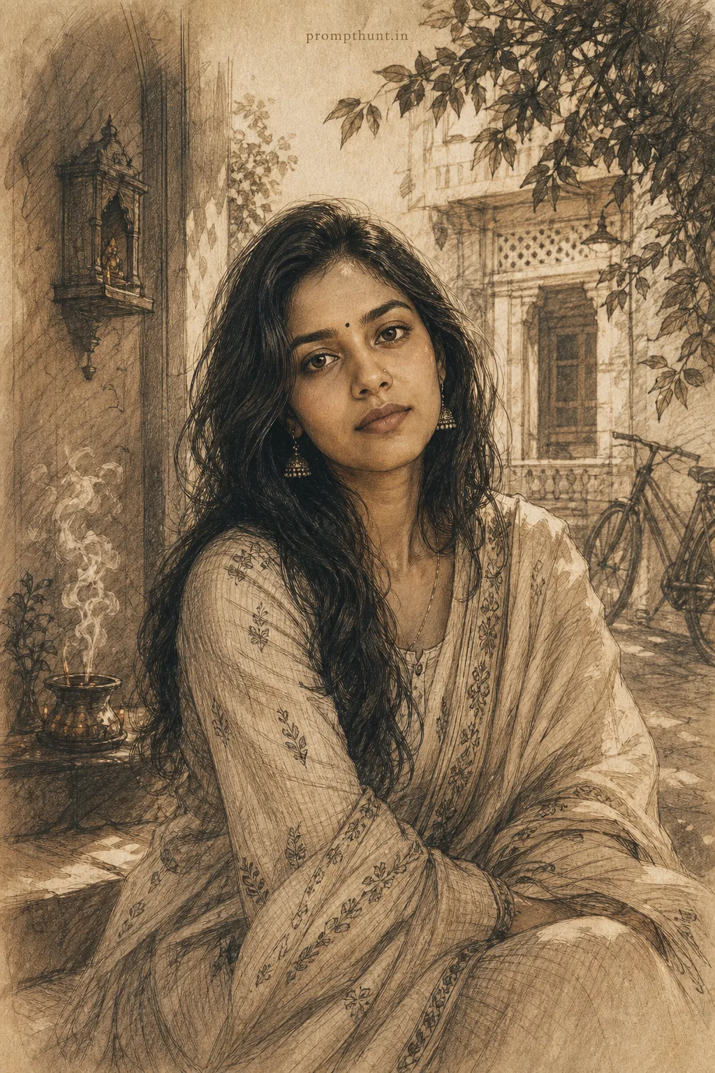 Traditional Indian Sketch Aesthetic Portrait AI Photo Editing Prompt