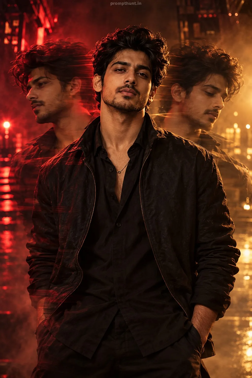 Triple Exposure AI Photo Prompt for Boys – Red Amber Night