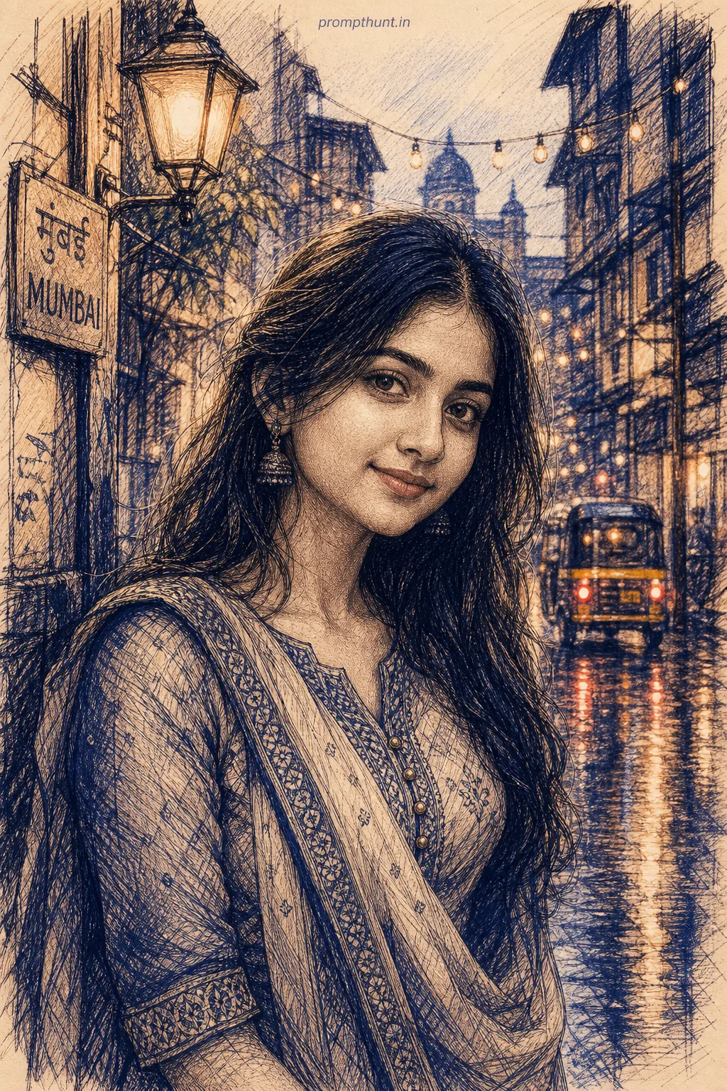 Urban Monsoon Ballpoint Pen Portrait AI Photo Editing Prompt