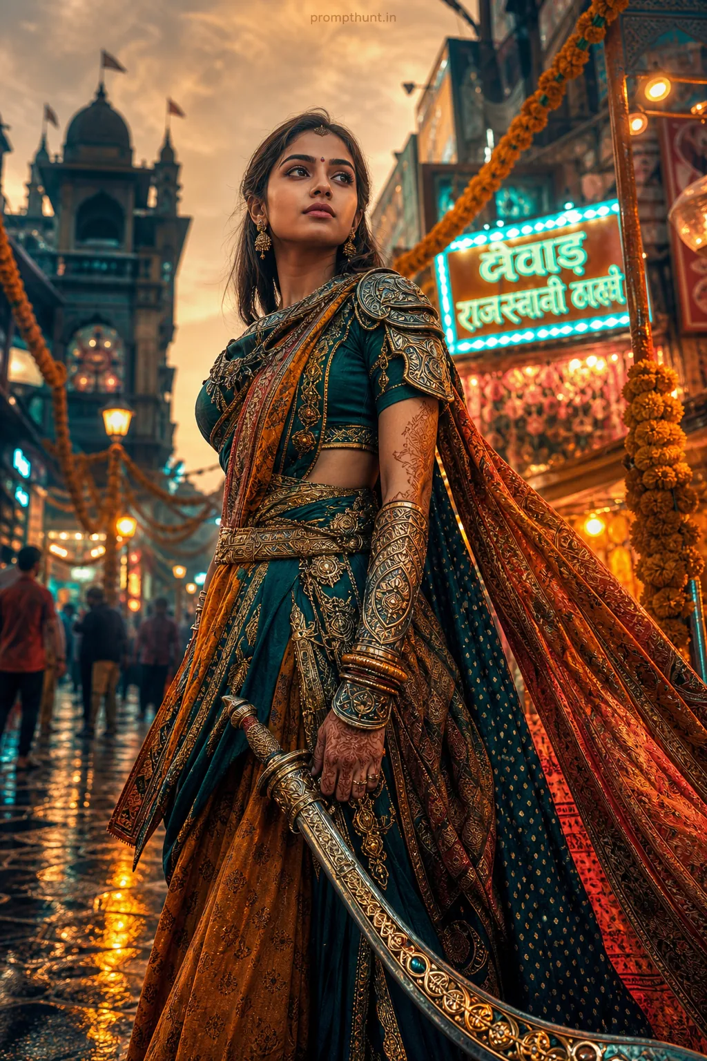 Vibrant Desi Cosplay Street Festival AI Photo Editing Prompt