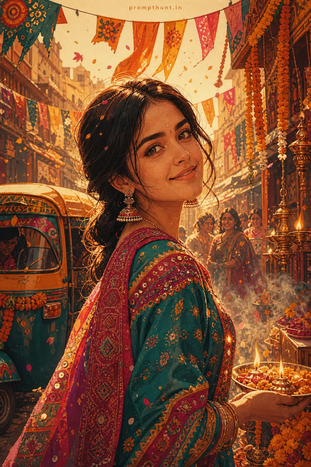 Vibrant Desi Street Festival Digital Illustration AI Photo Editing Prompt