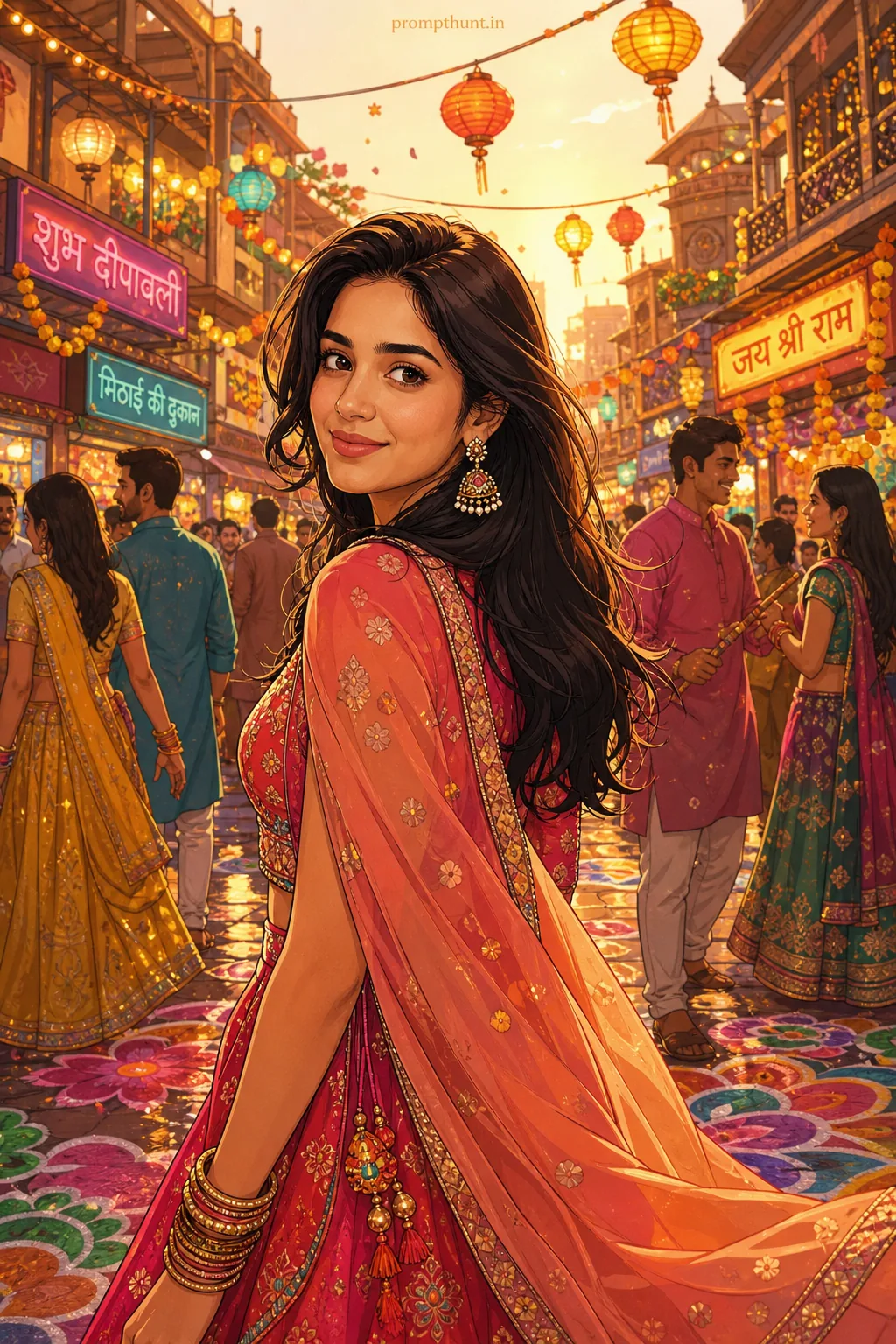 Vibrant Indian Cartoon Festival Street Style AI Photo Editing Prompt