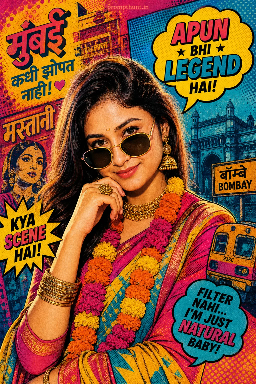 Vibrant Indian Pop Art Neon Portrait AI Photo Editing Prompt