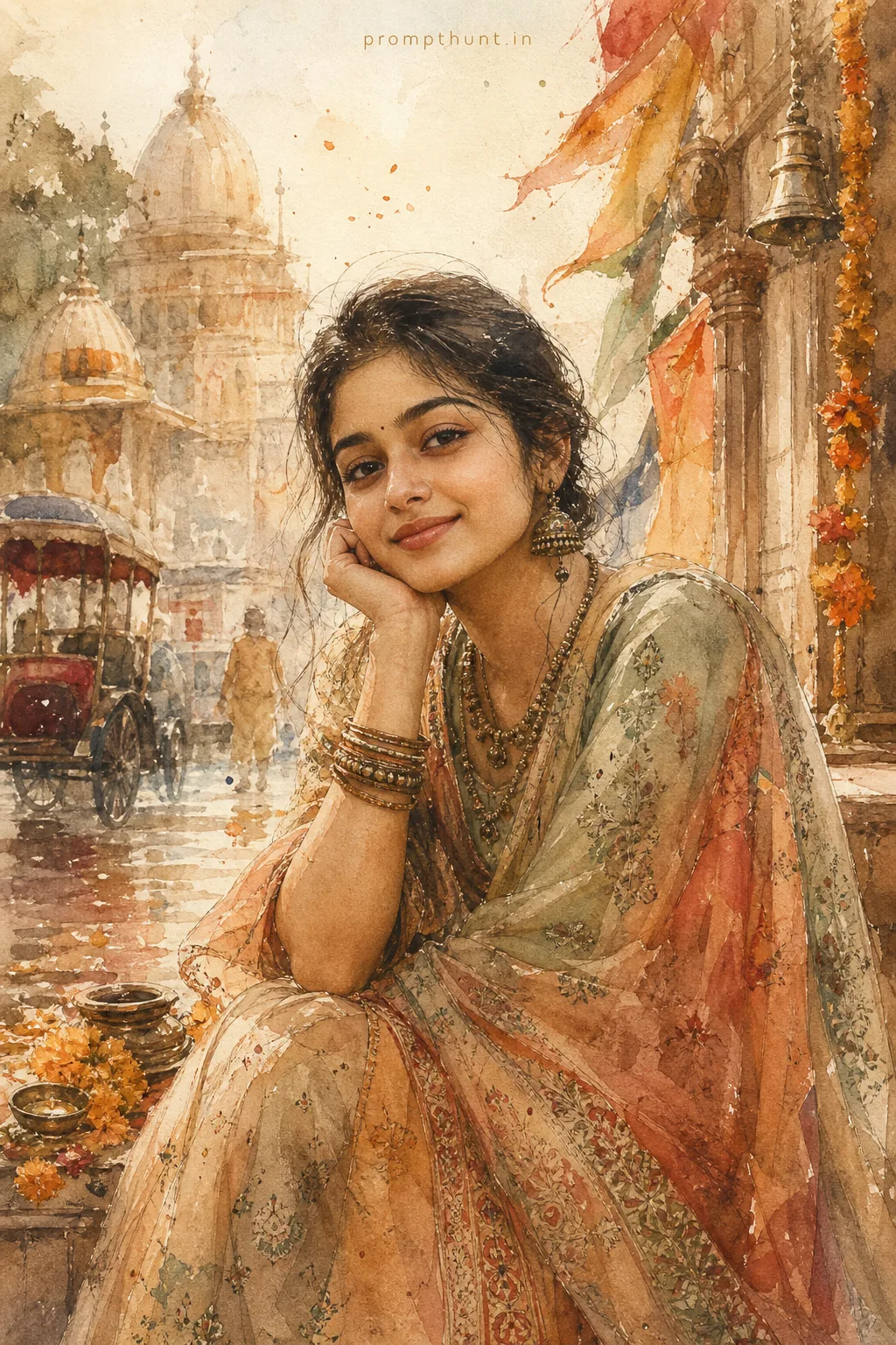 Vibrant Indian Street Watercolor Portrait AI Photo Editing Prompt