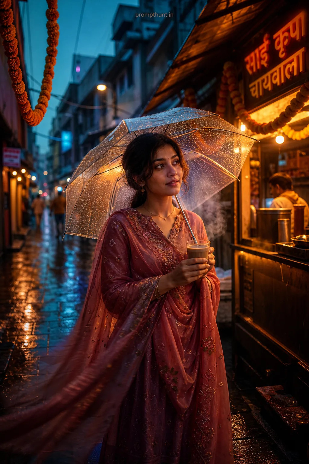 Vibrant Monsoon Streetscape Fashion AI Photo Editing Prompt
