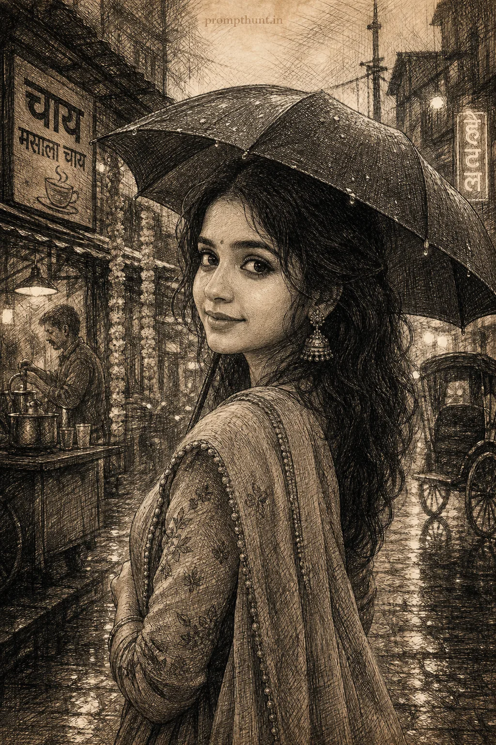Vintage Cross-Hatching Monsoon Street AI Photo Editing Prompt