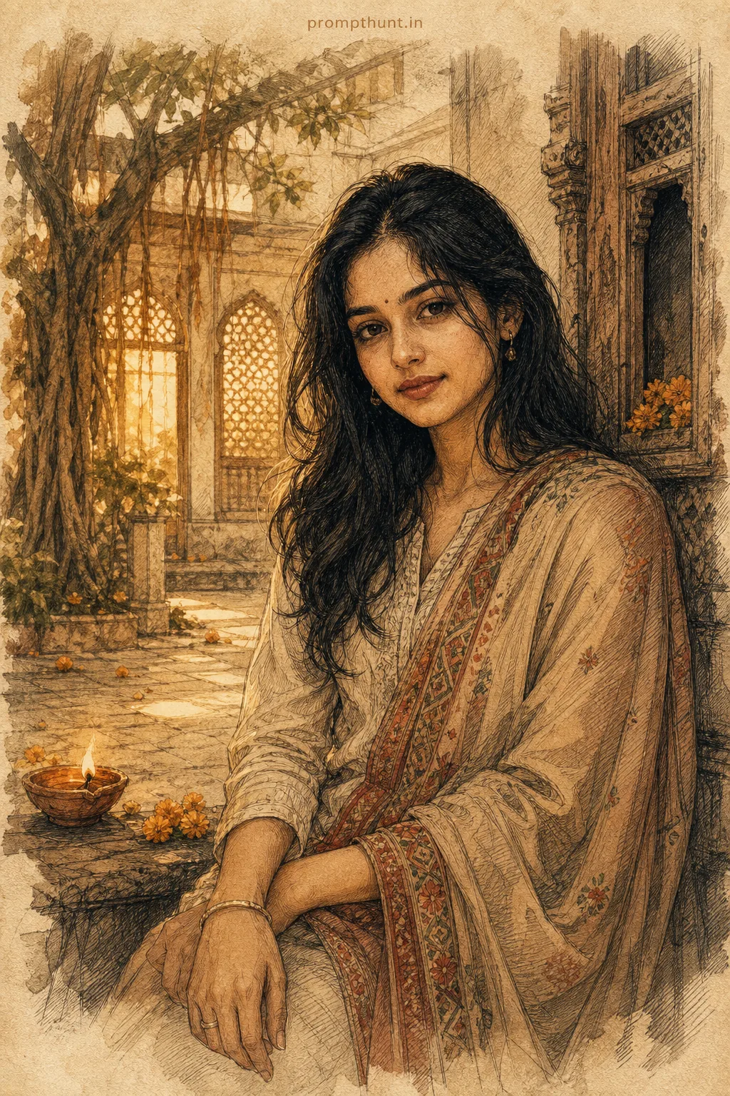 Vintage Indian Sketchbook Portrait Scene AI Photo Editing Prompt