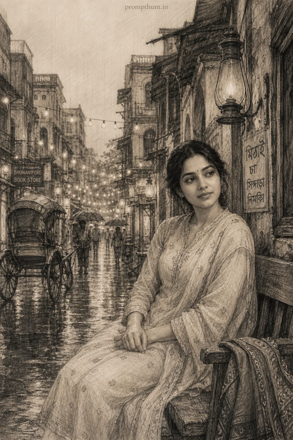 Vintage Monsoon Street Sketch Pencil Drawing AI Photo Editing Prompt