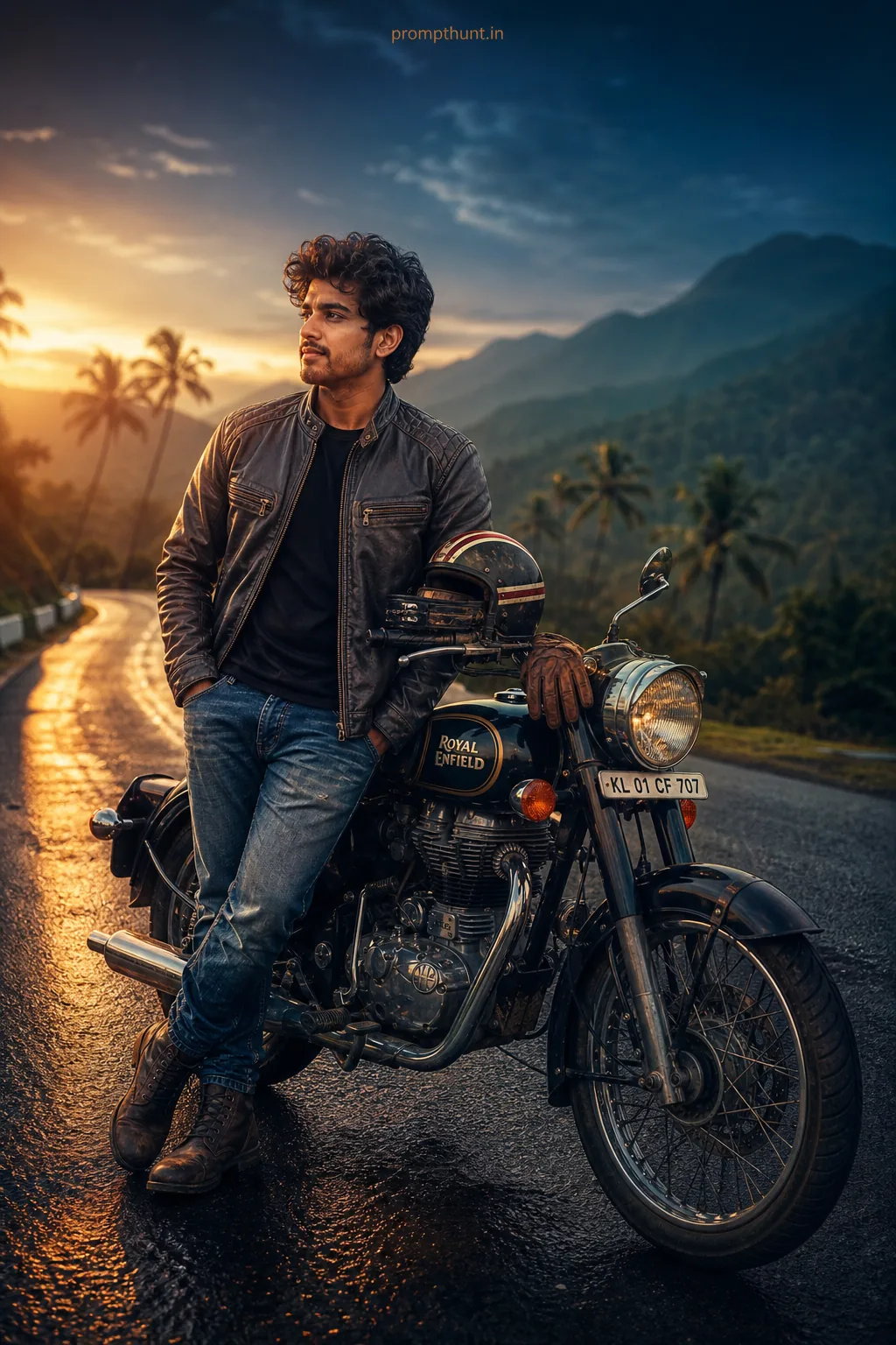 Vintage Royal Enfield Highway Night Motorcycling AI Photo Editing Prompt